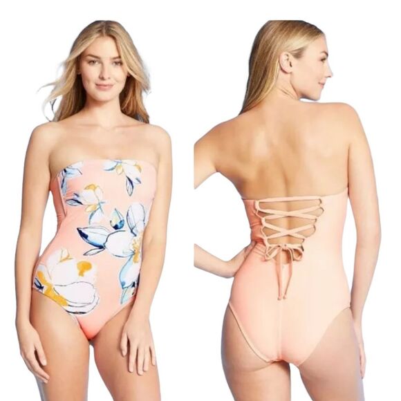 NEW Kona Sol Pink Floral Bandeau Medium Coverage One Piece Swimsuit Large NWT - Picture 1 of 9